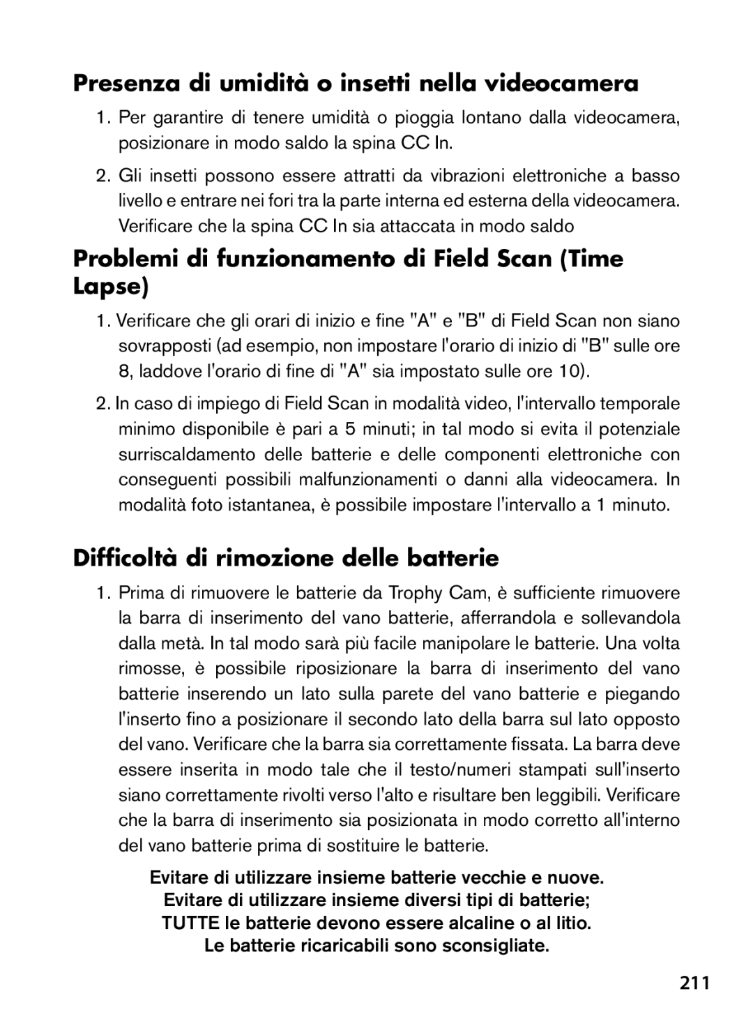 Bushnell 119437 Presenza di umidità o insetti nella videocamera, Problemi di funzionamento di Field Scan Time Lapse, 211 