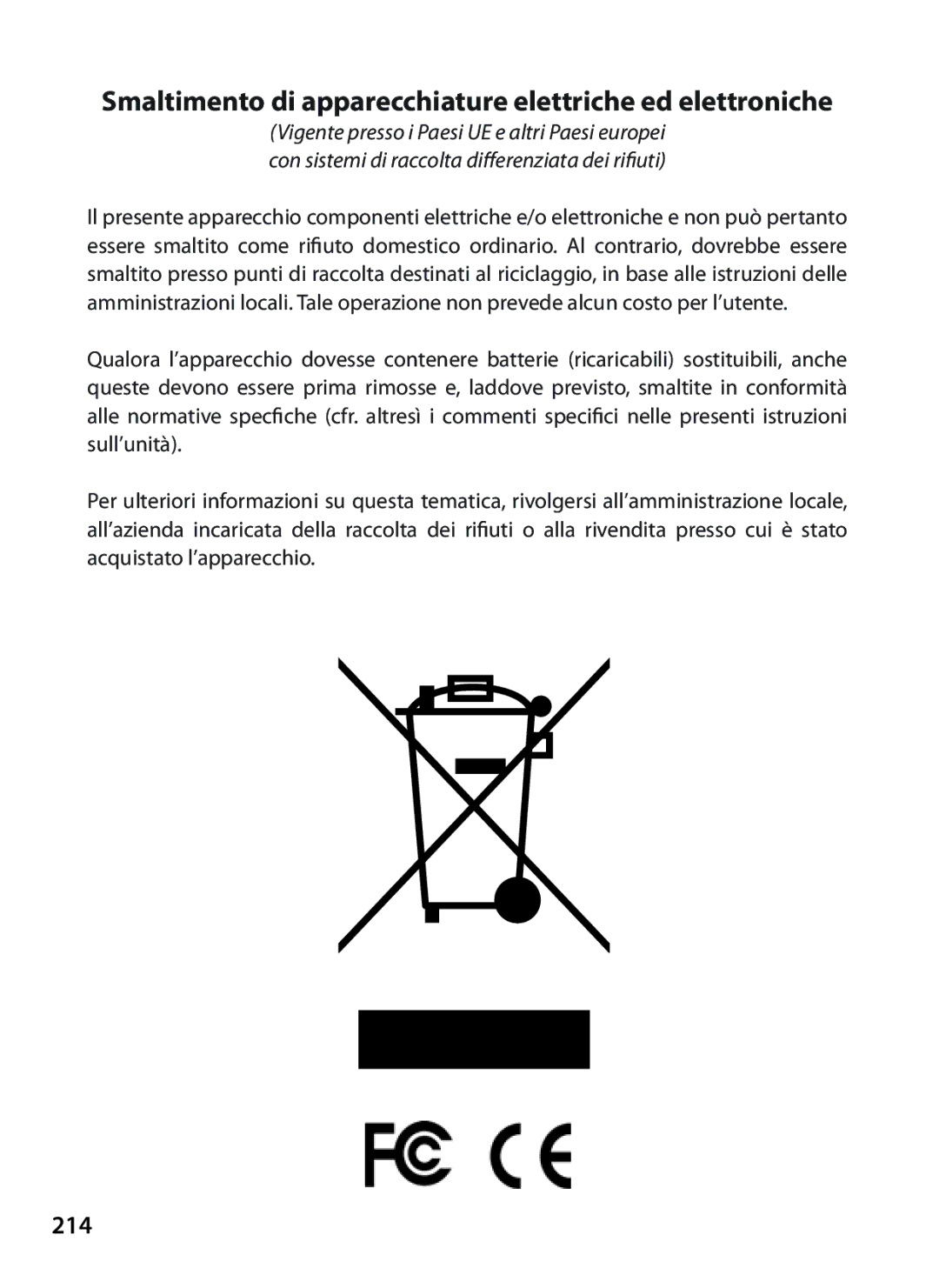 Bushnell 119447, 119477, 119476, 119437 instruction manual Smaltimento di apparecchiature elettriche ed elettroniche, 214 