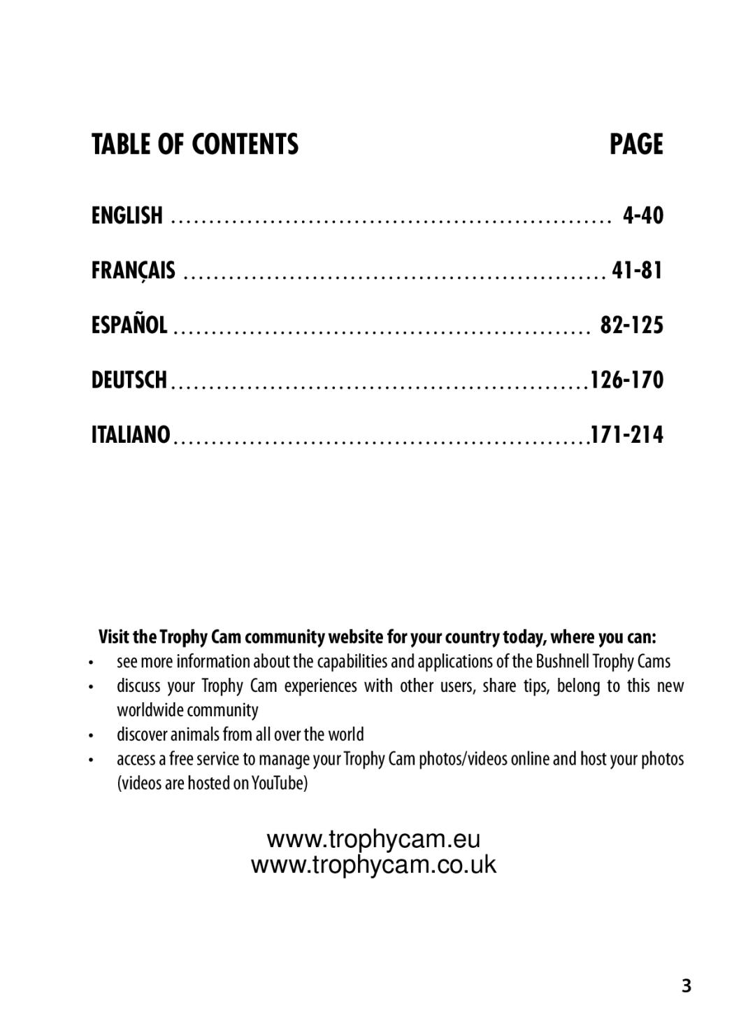 Bushnell 119437, 119477, 119476, 119447 instruction manual Table of Contents 