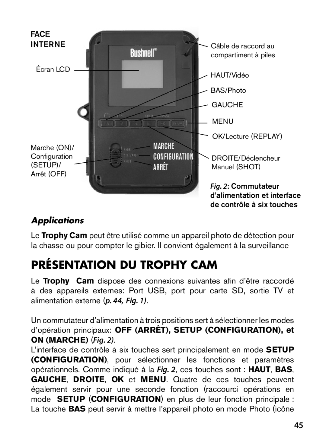 Bushnell 119476, 119477, 119447, 119437 instruction manual Présentation DU Trophy CAM, Face interne 