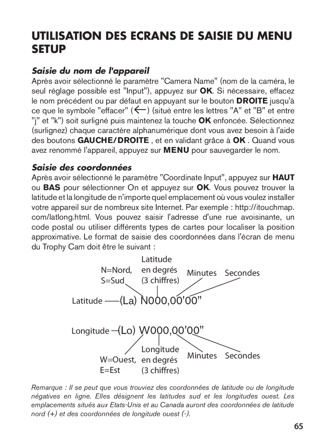 Bushnell 119476, 119477 Utilisation DES Ecrans DE Saisie DU Menu Setup, Saisie du nom de lappareil, Saisie des coordonnées 