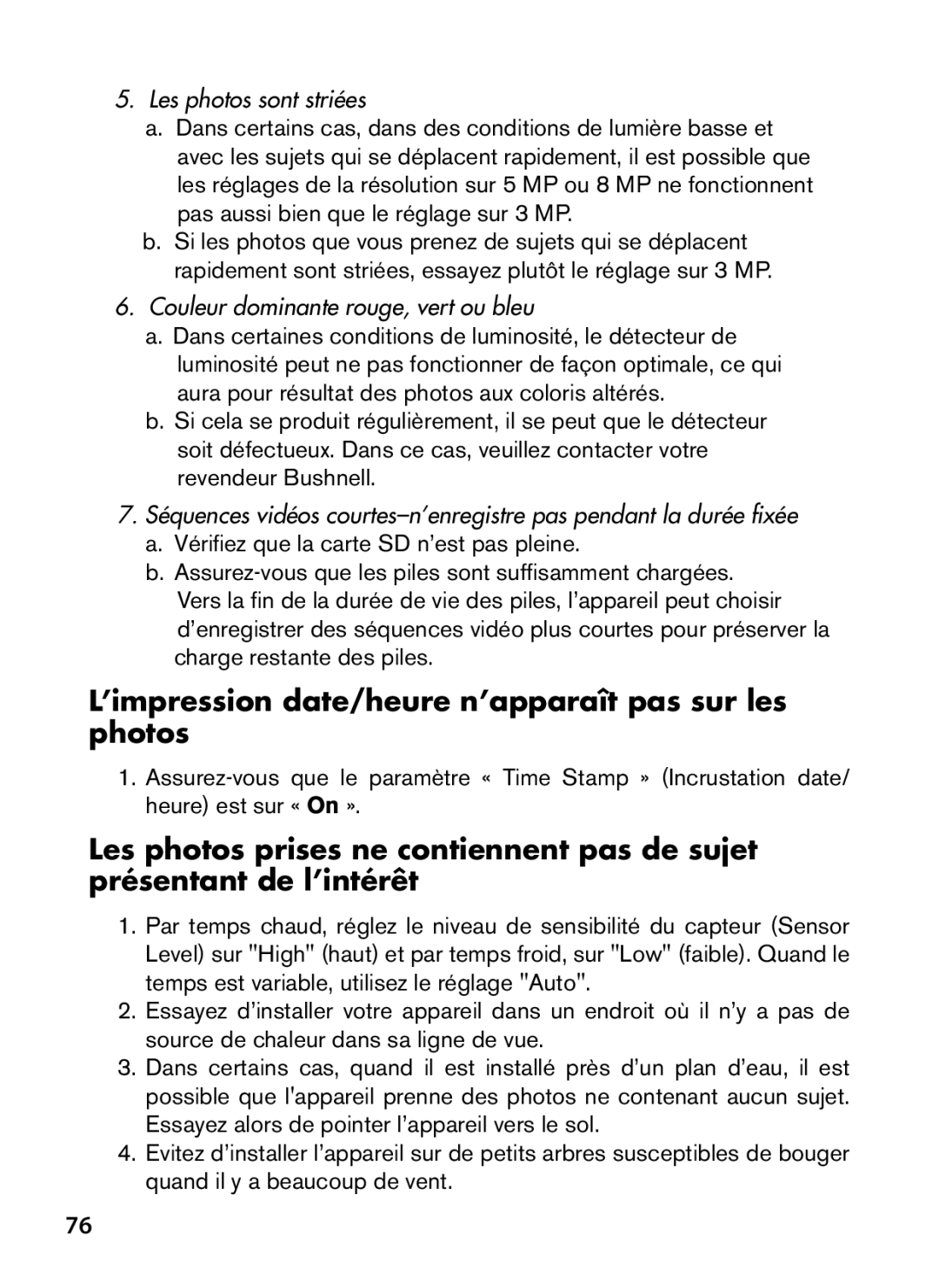 Bushnell 119477, 119476, 119447, 119437 ’impression date/heure n’apparaît pas sur les photos, Les photos sont striées 