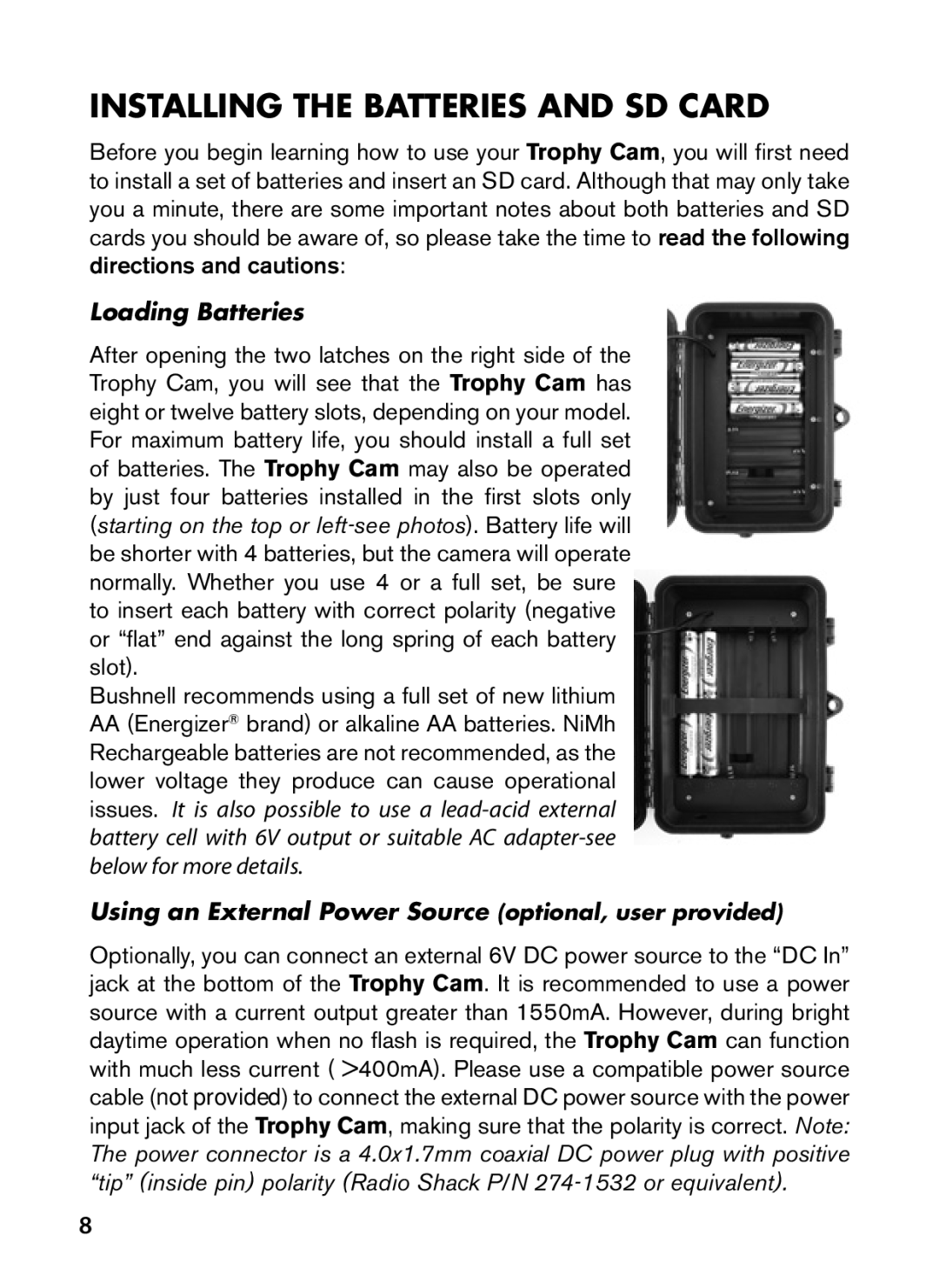 Bushnell 119477, 119476, 119447, 119437 instruction manual Installing the Batteries and SD Card, Loading Batteries 