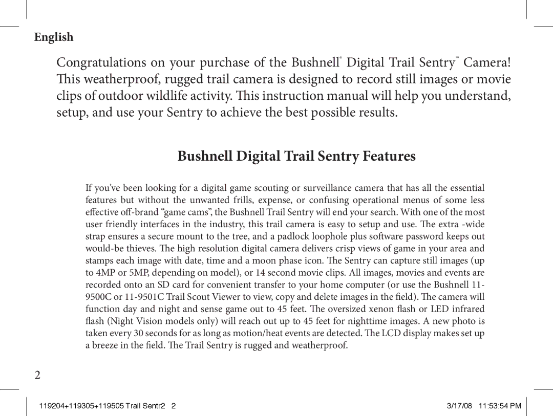 Bushnell 119505, 119305 instruction manual Bushnell Digital Trail Sentry Features 