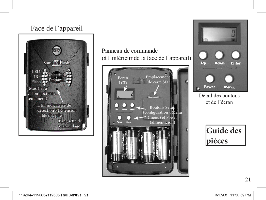 Bushnell 119305, 119505 instruction manual Guide des pièces 