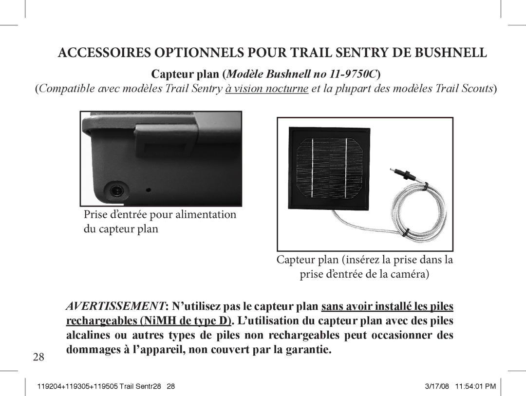 Bushnell 119505, 119305 instruction manual Capteur plan Modèle Bushnell no 11-9750C 