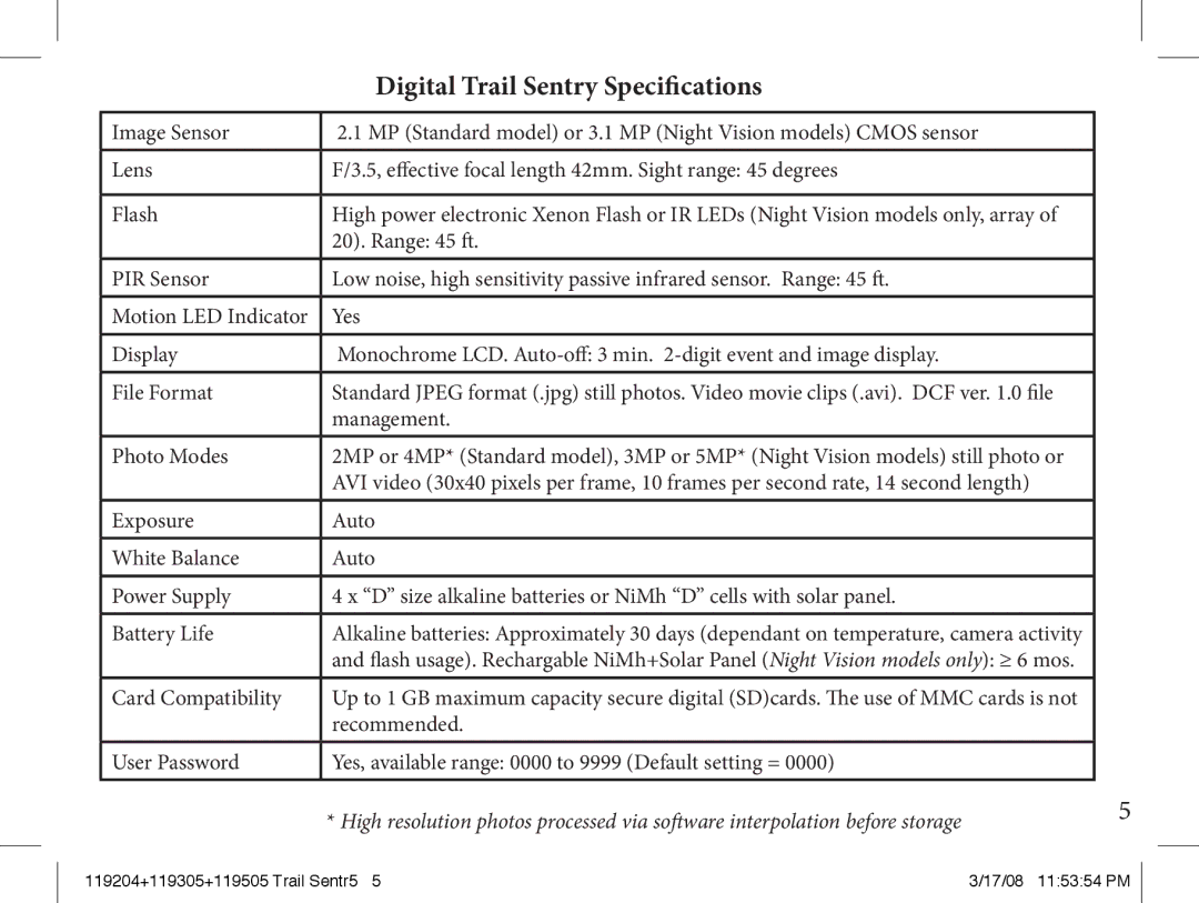 Bushnell 119305, 119505 instruction manual Digital Trail Sentry Specifications 