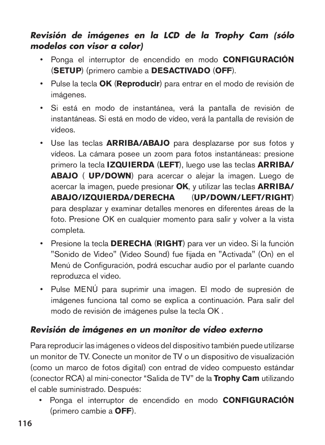 Bushnell 119576, 119577, 119547, 119537 instruction manual 116, Revisión de imágenes en un monitor de vídeo externo 