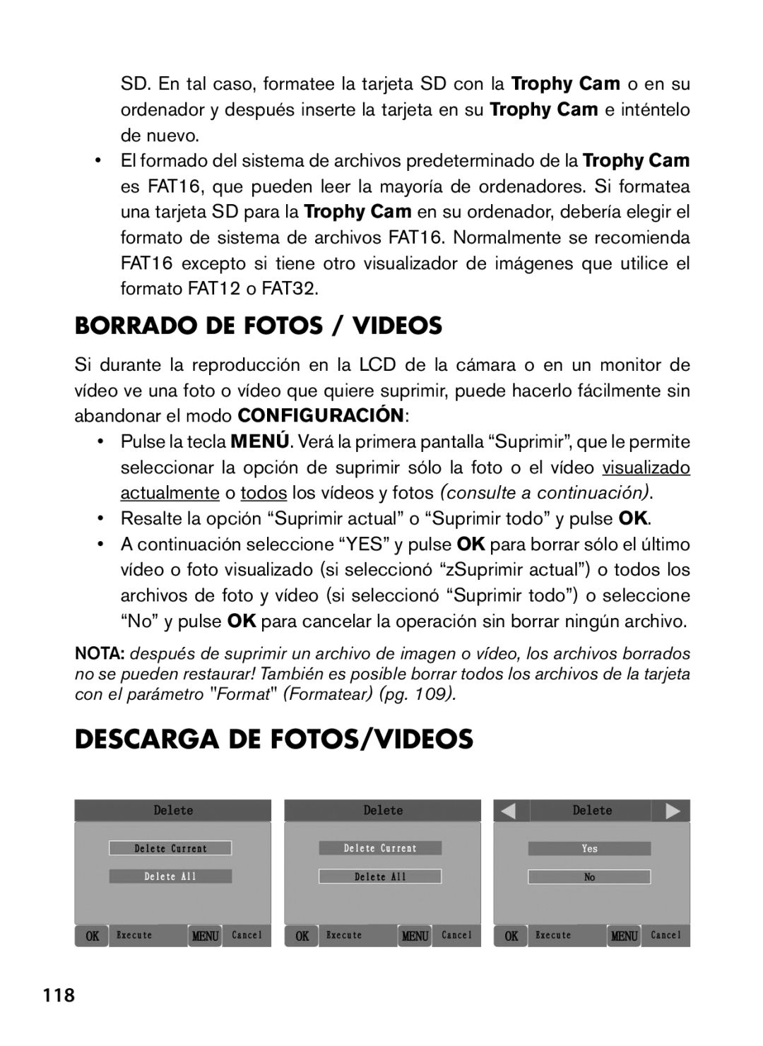 Bushnell 119547, 119576, 119577, 119537 instruction manual Descarga DE FOTOS/VIDEOS, Borrado de Fotos / Videos, 118 