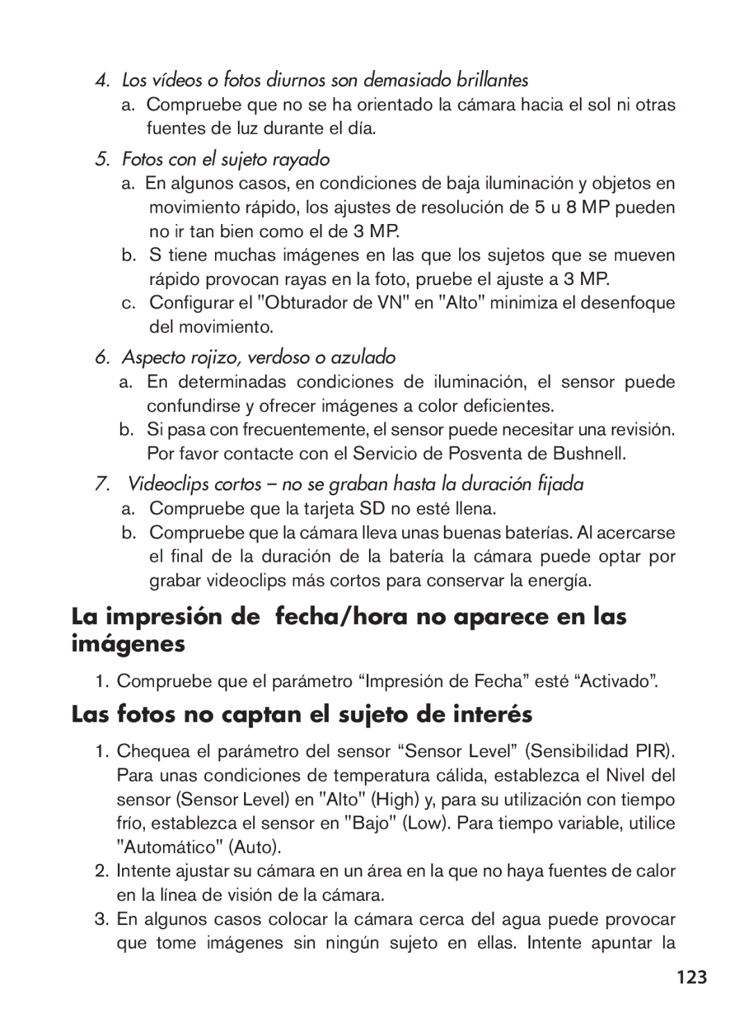 Bushnell 119537 La impresión de fecha/hora no aparece en las imágenes, Las fotos no captan el sujeto de interés, 123 