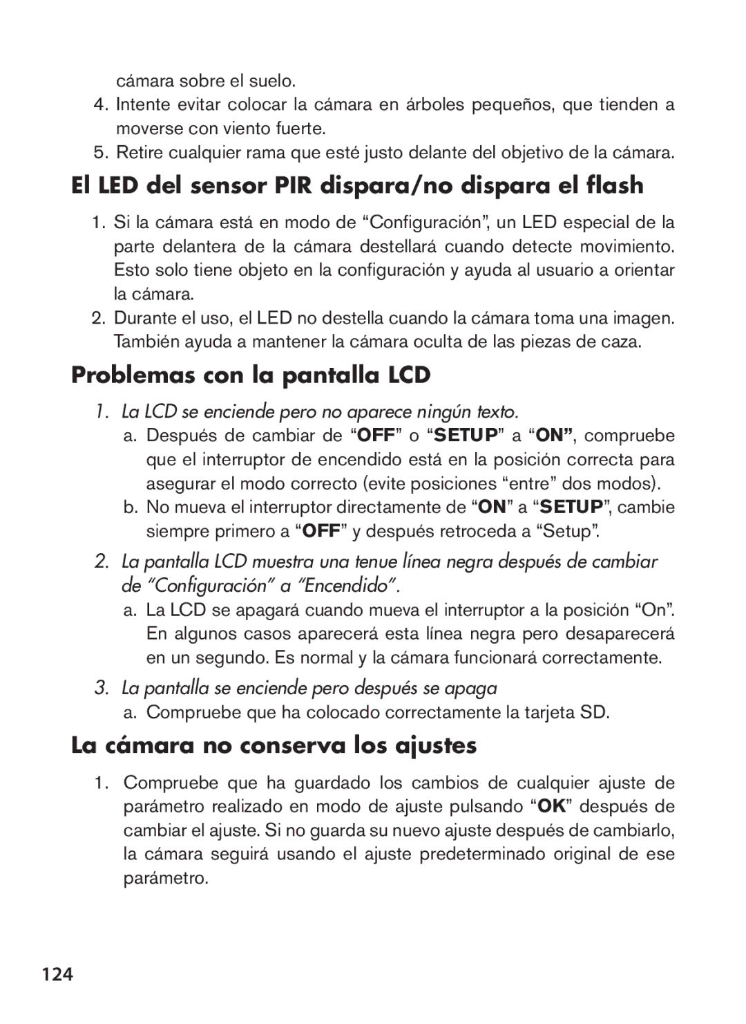 Bushnell 119576, 119577, 119547 El LED del sensor PIR dispara/no dispara el flash, Problemas con la pantalla LCD, 124 