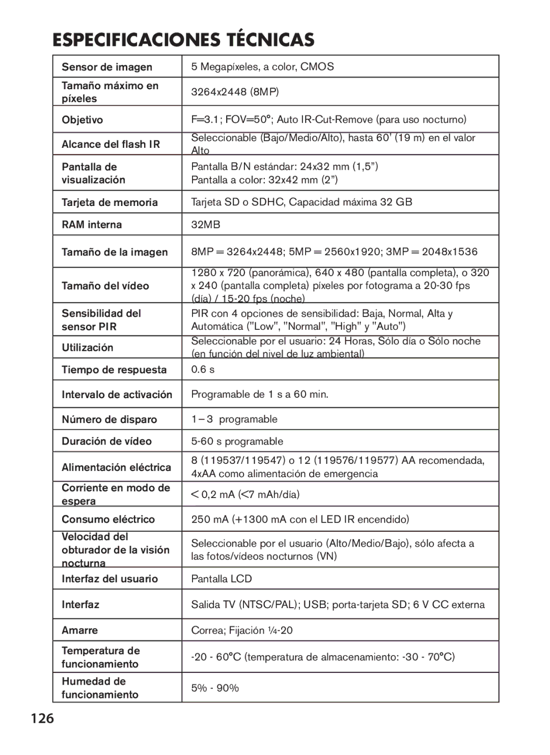 Bushnell 119547, 119576, 119577, 119537 instruction manual Especificaciones Técnicas, 126 