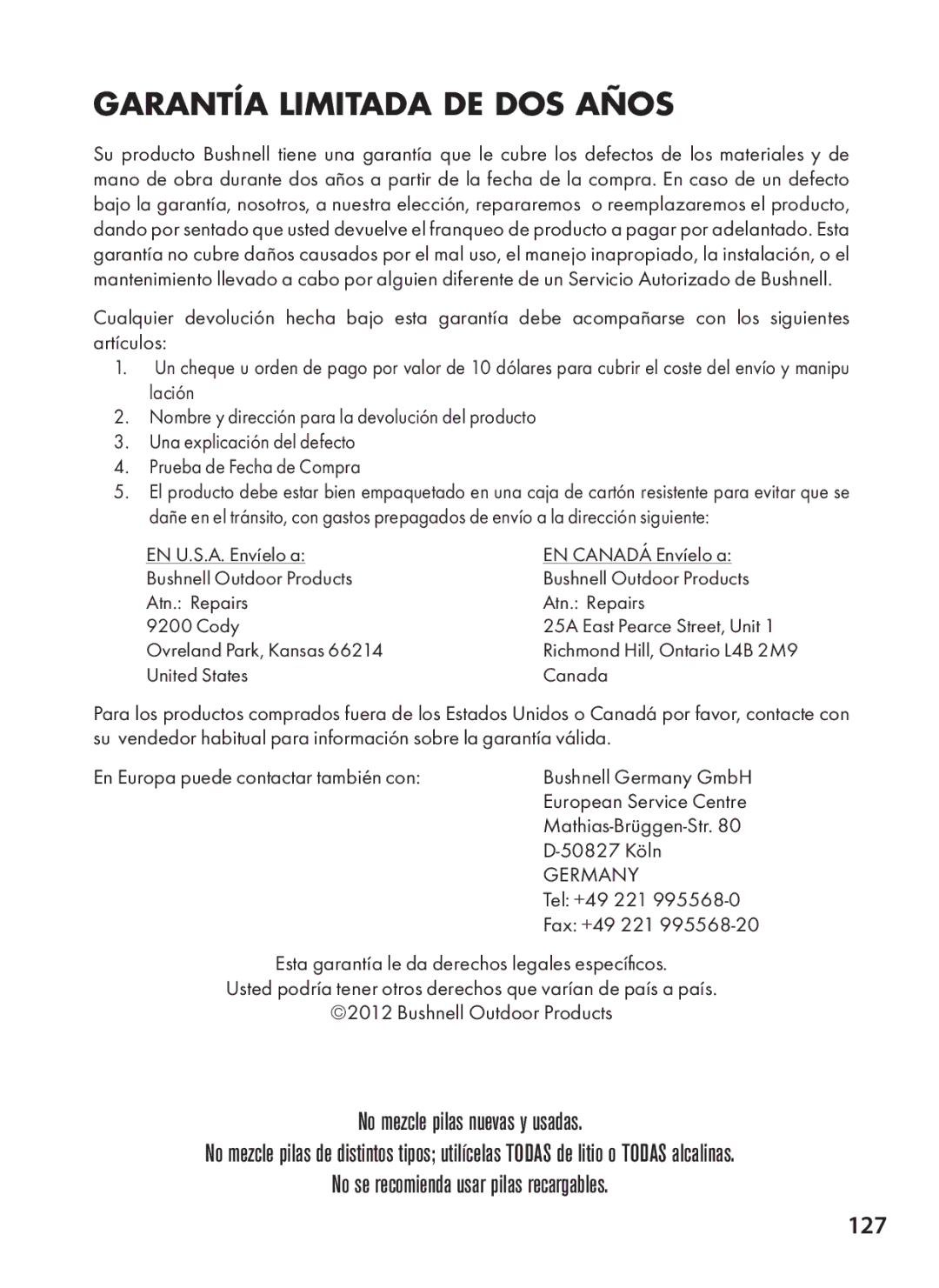 Bushnell 119537, 119576, 119577, 119547 instruction manual Garantía Limitada DE DOS Años, 127 