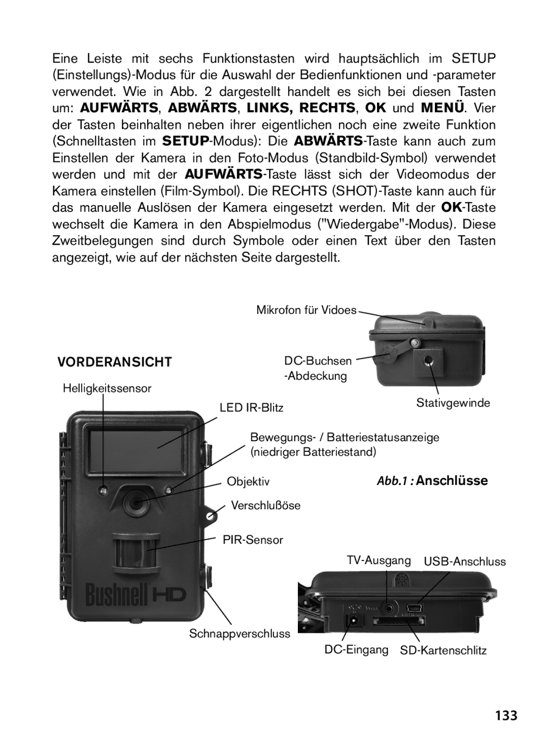 Bushnell 119577, 119576, 119547, 119537 instruction manual 133, Vorderansicht, ObjektivAbb.1 Anschlüsse 