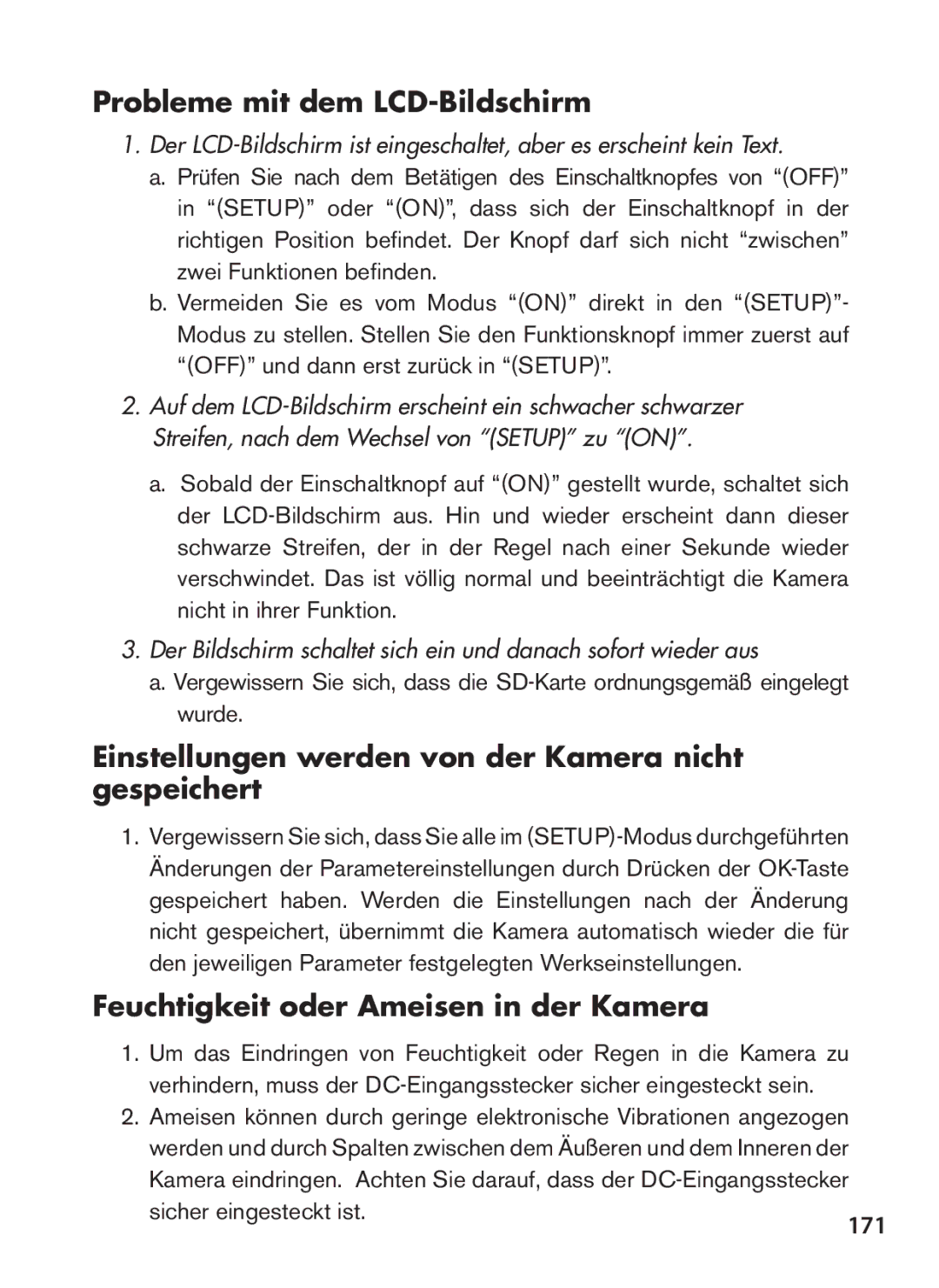 Bushnell 119537, 119576, 119577 Probleme mit dem LCD-Bildschirm, Einstellungen werden von der Kamera nicht gespeichert, 171 