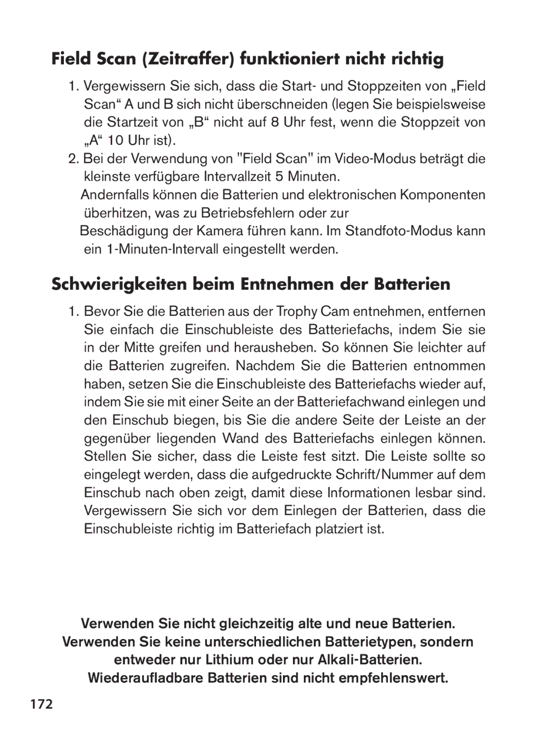 Bushnell 119576 Field Scan Zeitraffer funktioniert nicht richtig, Schwierigkeiten beim Entnehmen der Batterien, 172 