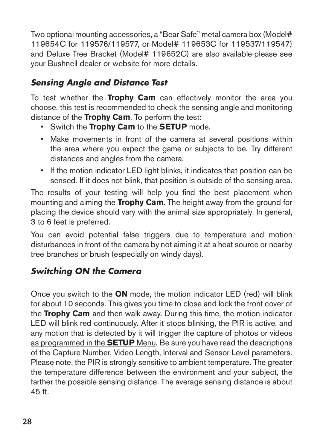 Bushnell 119576, 119577, 119547, 119537 instruction manual Sensing Angle and Distance Test, Switching on the Camera 