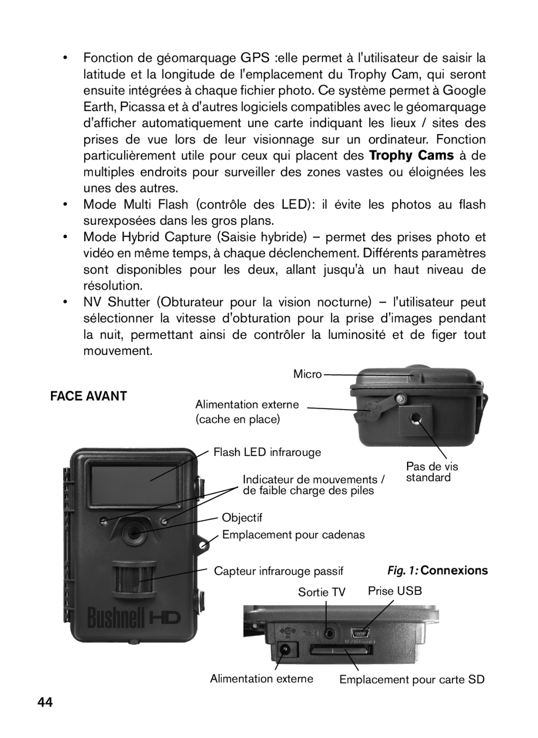 Bushnell 119576, 119577, 119547, 119537 instruction manual Face avant, Connexions 