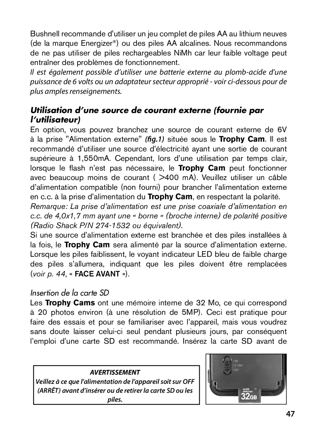 Bushnell 119537, 119576, 119577, 119547 instruction manual Insertion de la carte SD, Avertissement 