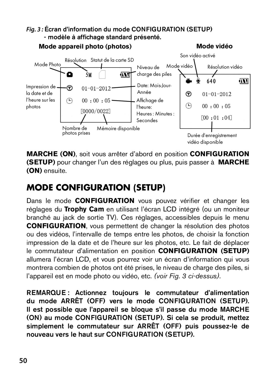 Bushnell 119547, 119576, 119577, 119537 instruction manual Mode Configuration Setup, Mode appareil photo photos Mode vidéo 