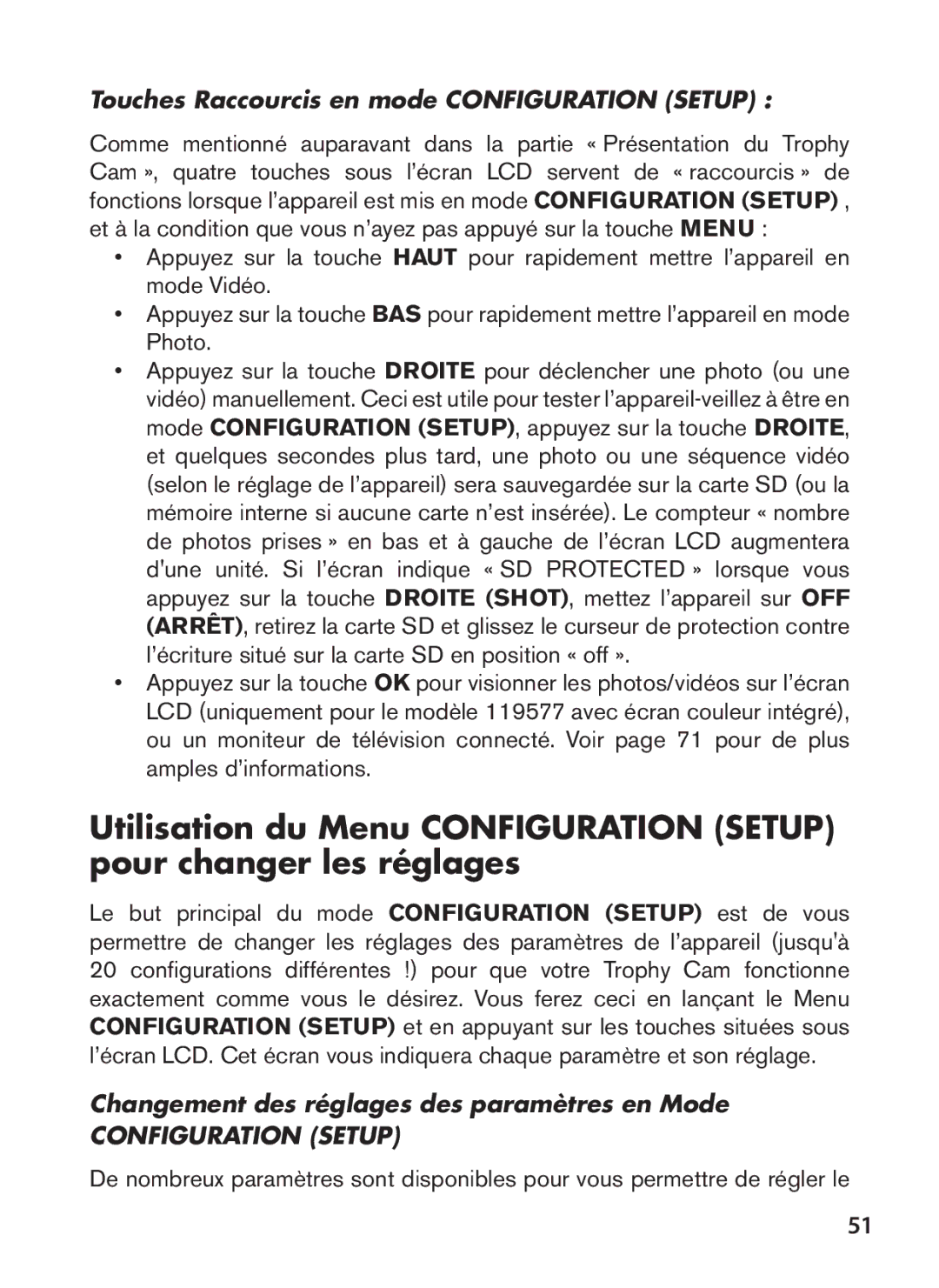 Bushnell 119537, 119576 Touches Raccourcis en mode Configuration Setup, Changement des réglages des paramètres en Mode 