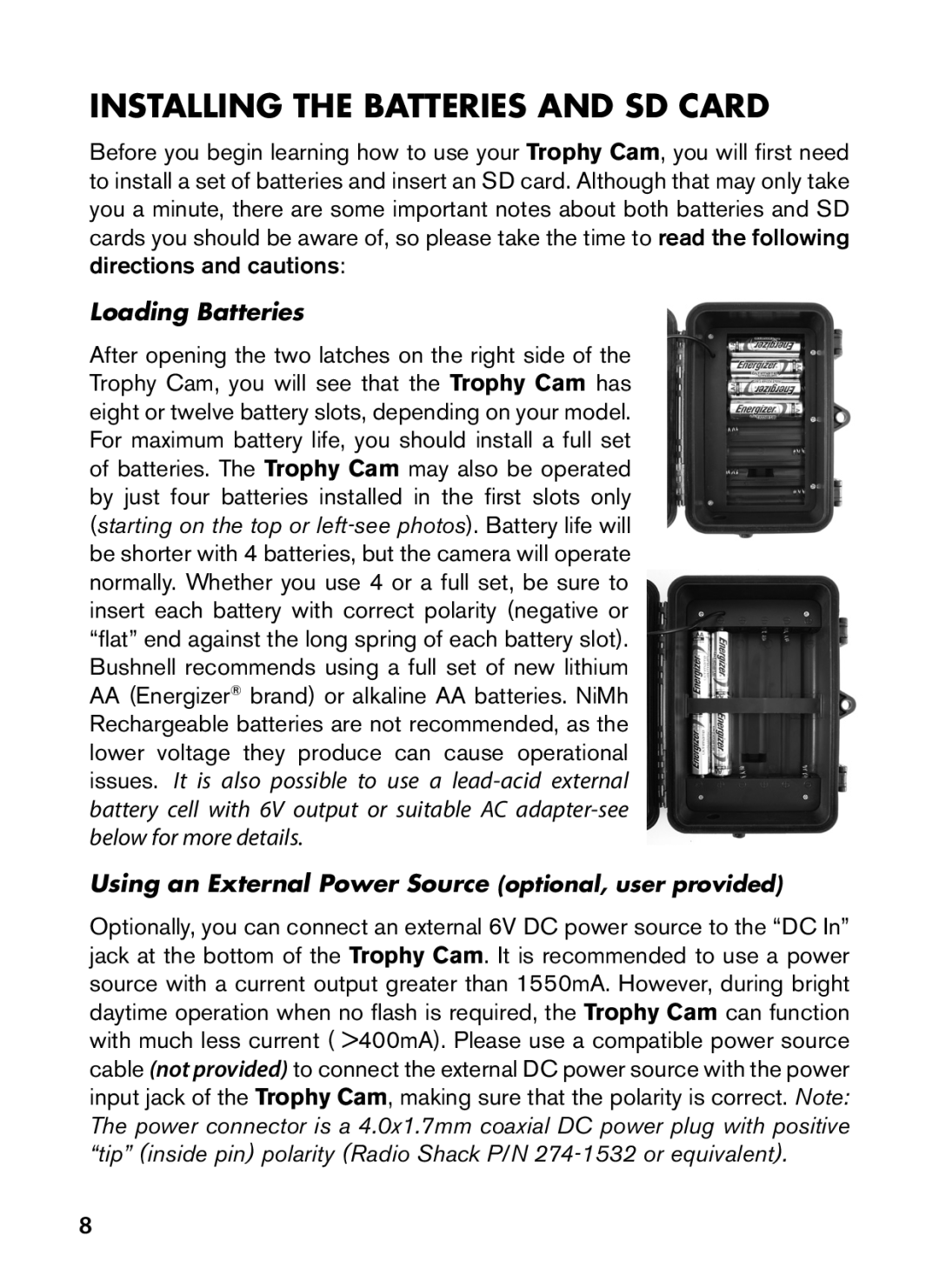 Bushnell 119576, 119577, 119547, 119537 instruction manual Installing the Batteries and SD Card, Loading Batteries 