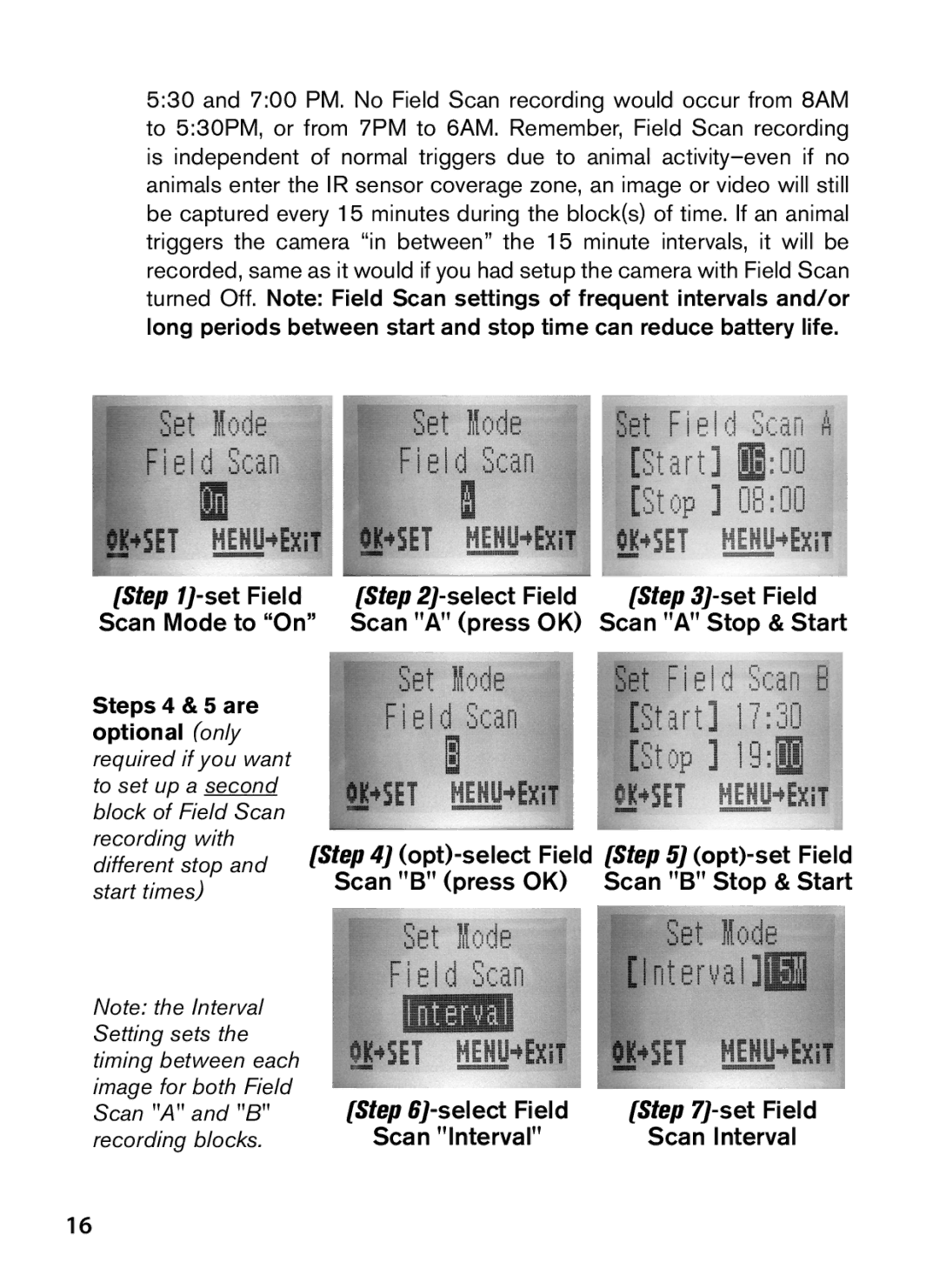 Bushnell 119628C instruction manual Scan a press OK, Start times Select Field Set Field 