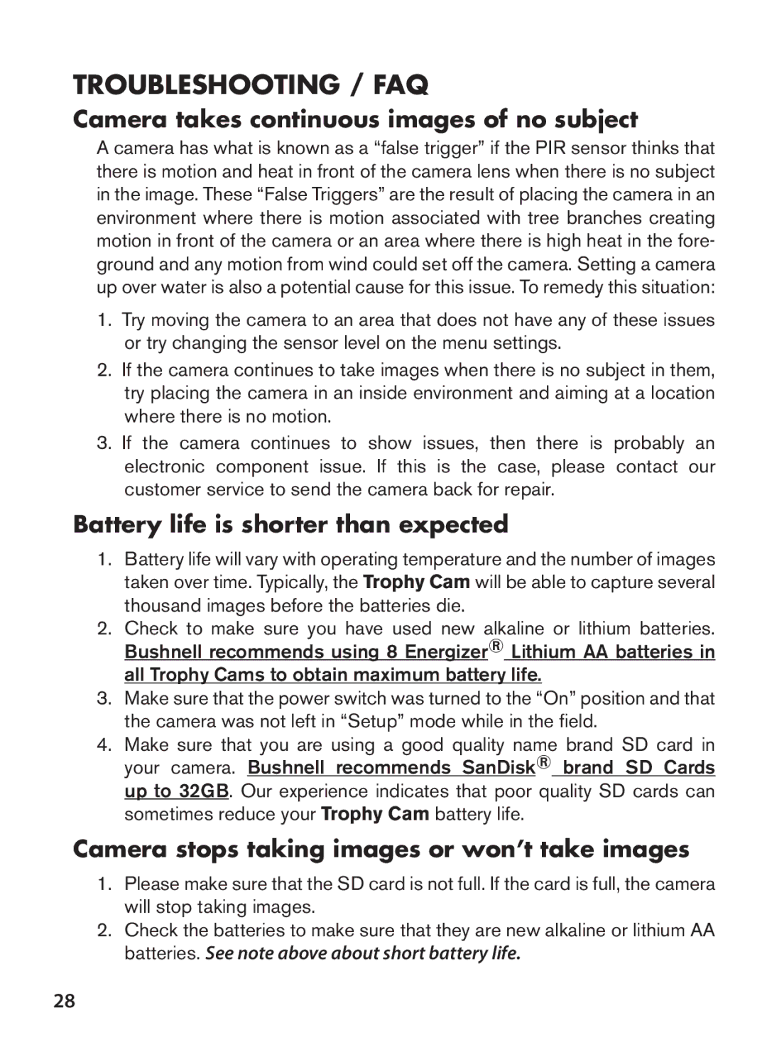 Bushnell 119628C instruction manual Troubleshooting / FAQ, Camera takes continuous images of no subject 