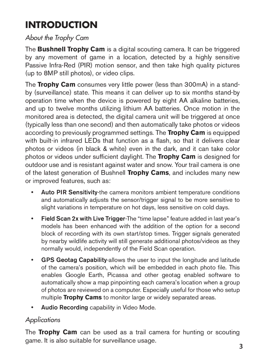 Bushnell 119628C instruction manual Introduction, About the Trophy Cam, Applications 