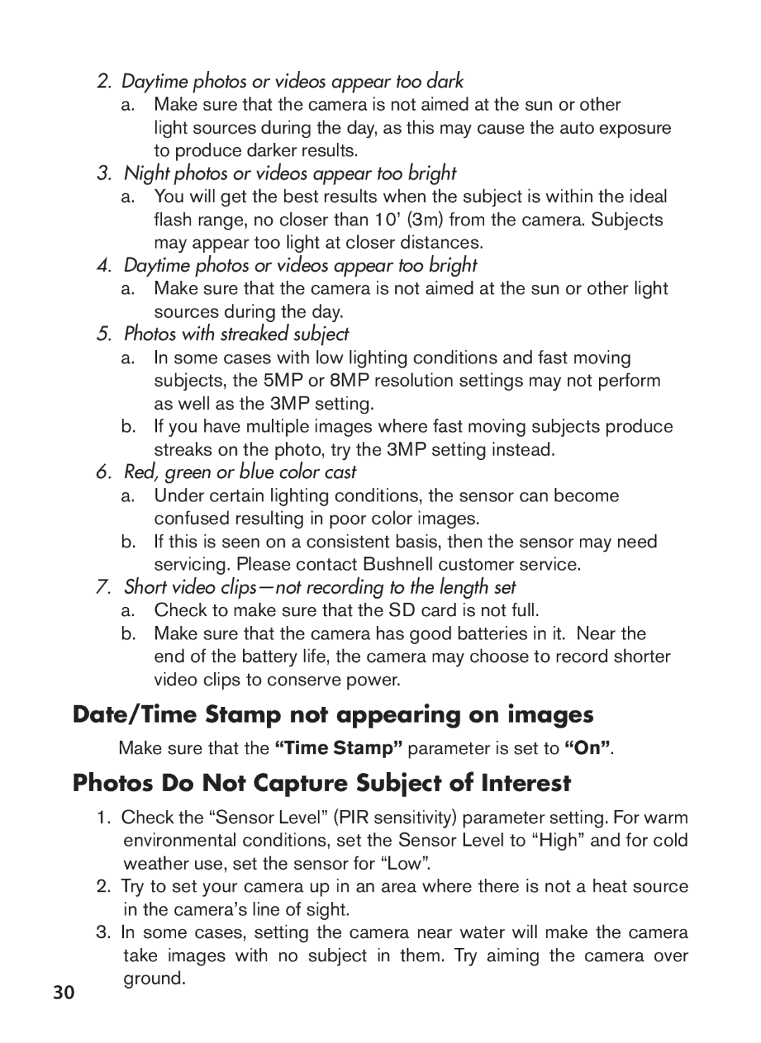 Bushnell 119628C instruction manual Date/Time Stamp not appearing on images, Photos Do Not Capture Subject of Interest 