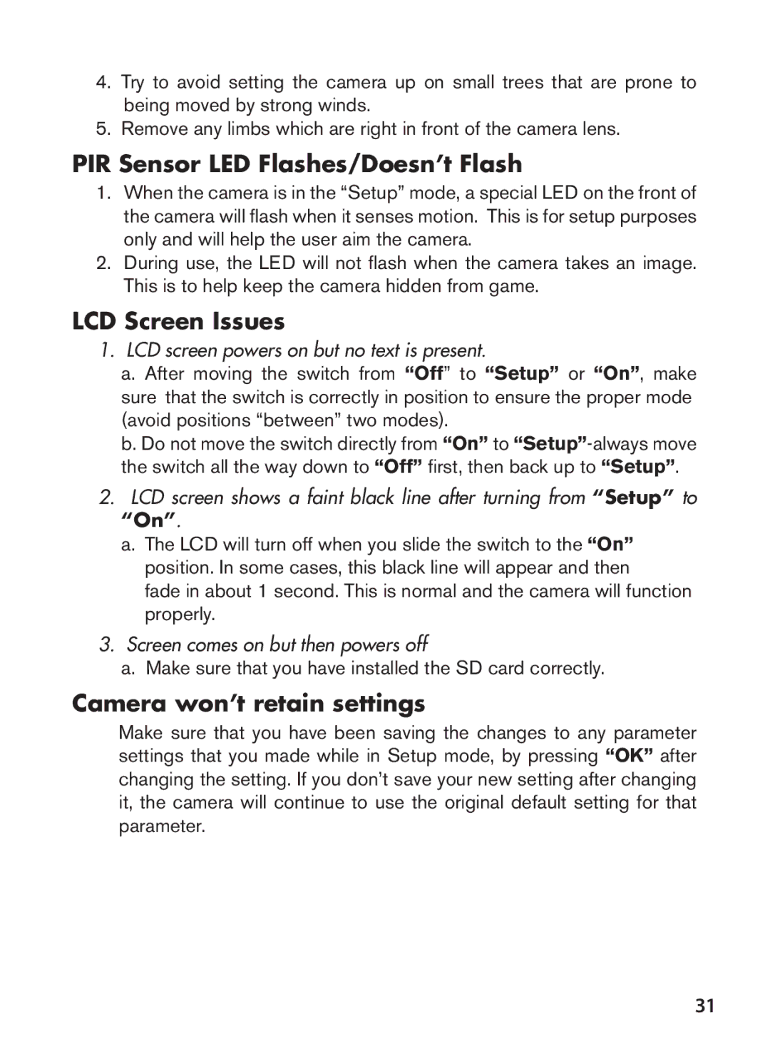 Bushnell 119628C instruction manual PIR Sensor LED Flashes/Doesn’t Flash, LCD Screen Issues, Camera won’t retain settings 