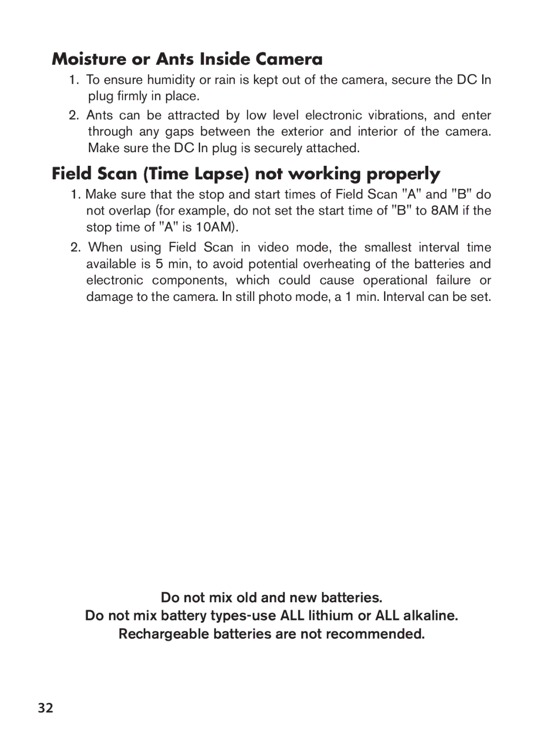 Bushnell 119628C instruction manual Moisture or Ants Inside Camera, Field Scan Time Lapse not working properly 