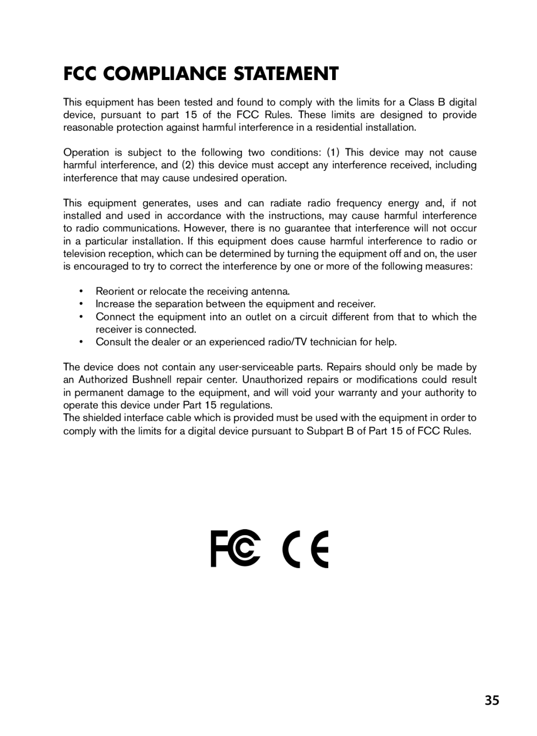 Bushnell 119628C instruction manual FCC Compliance Statement 