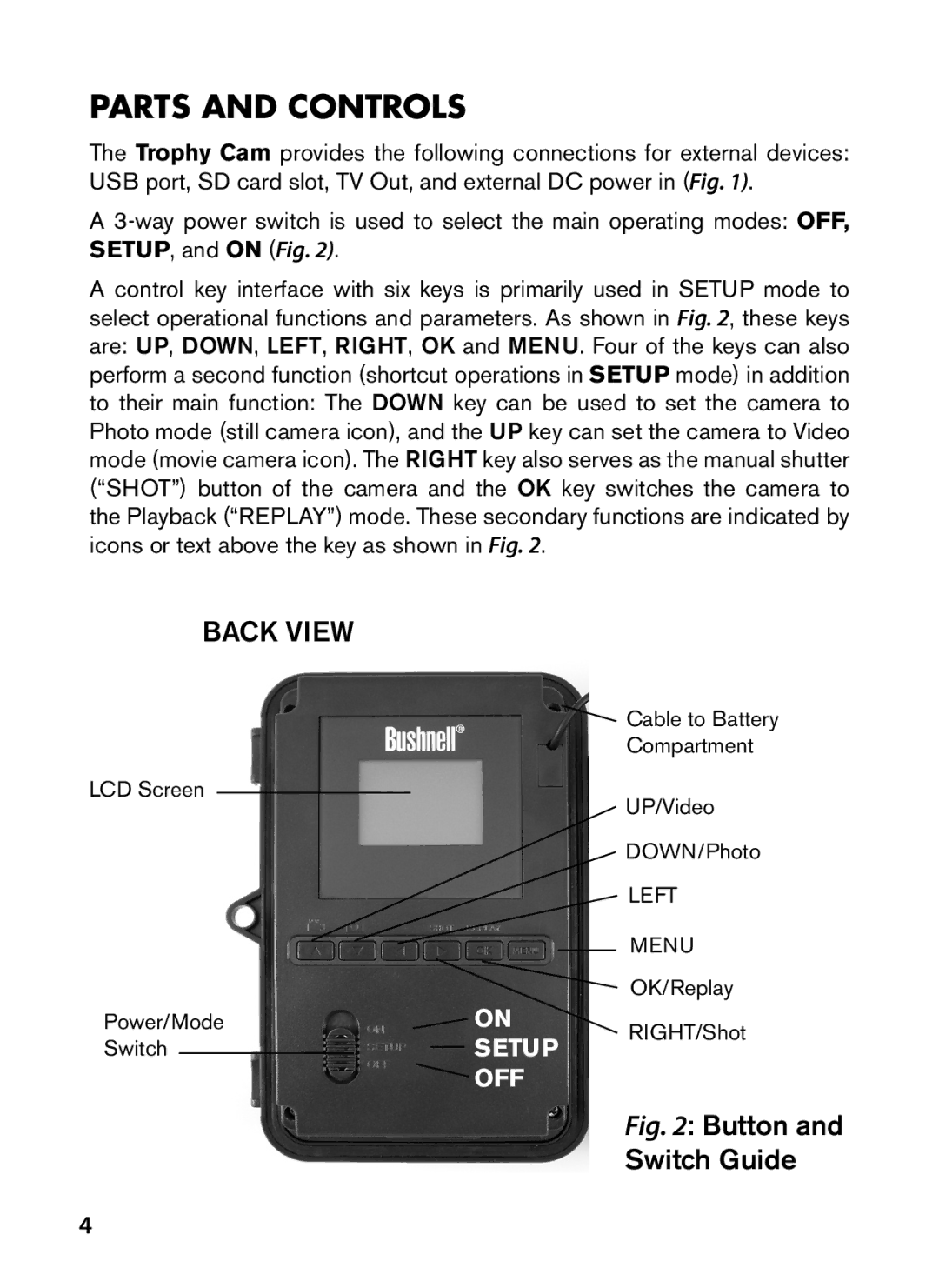 Bushnell 119628C instruction manual Parts and Controls, Back View 