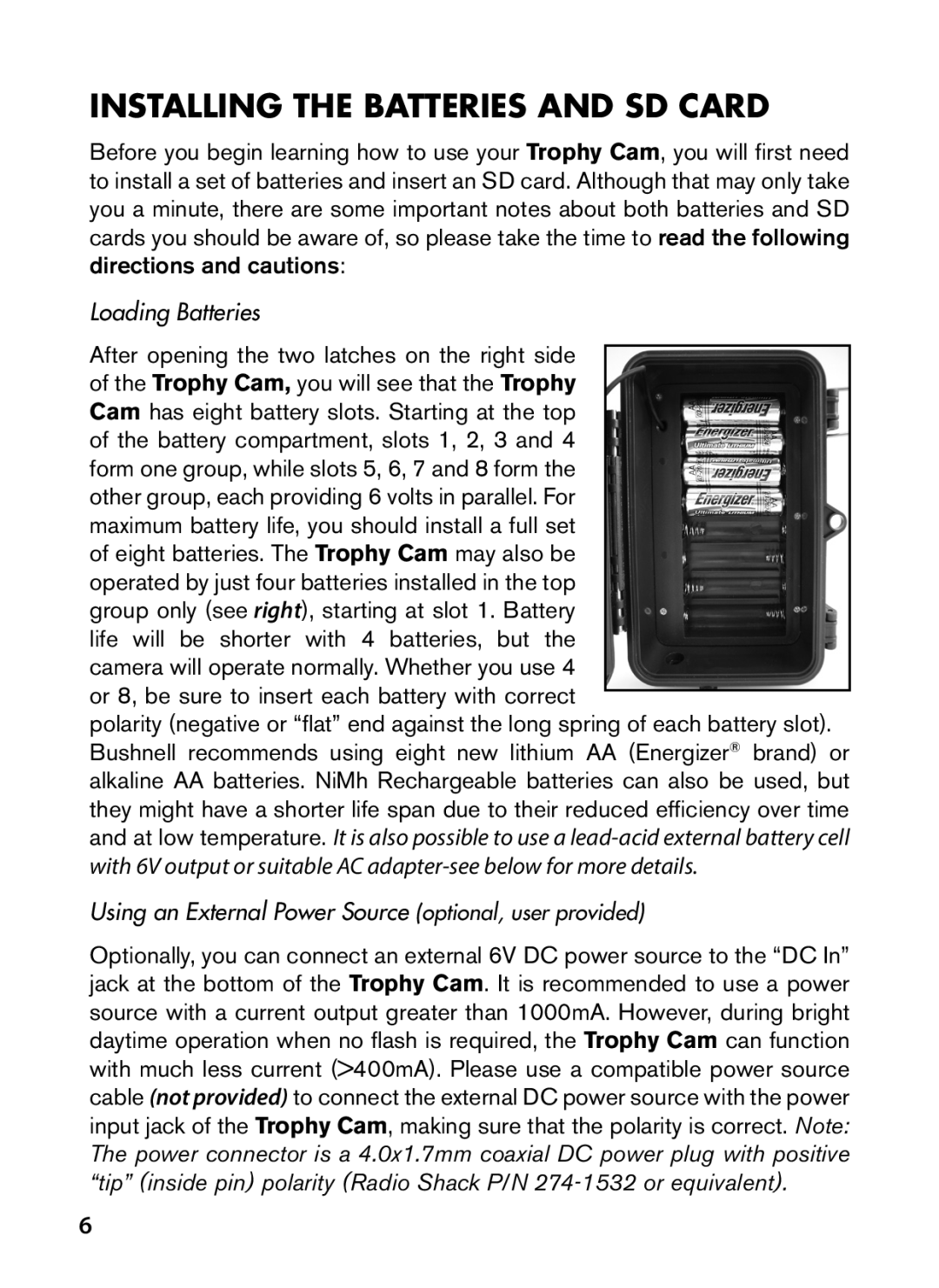 Bushnell 119628C instruction manual Installing the Batteries and SD Card, Loading Batteries 