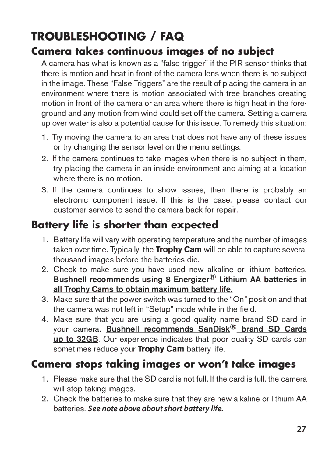 Bushnell 119636C instruction manual Troubleshooting / FAQ, Camera takes continuous images of no subject 