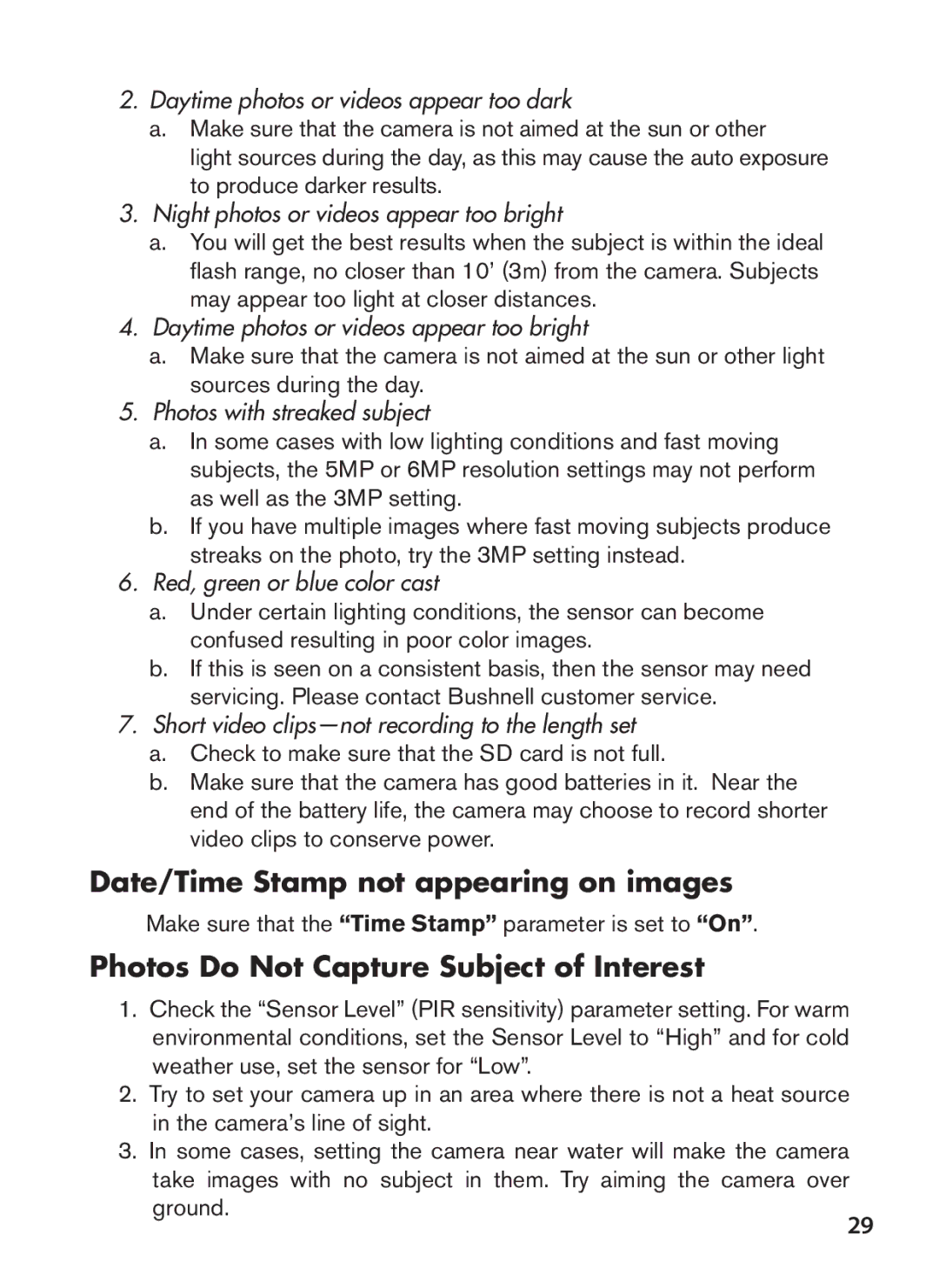 Bushnell 119636C instruction manual Date/Time Stamp not appearing on images, Photos Do Not Capture Subject of Interest 