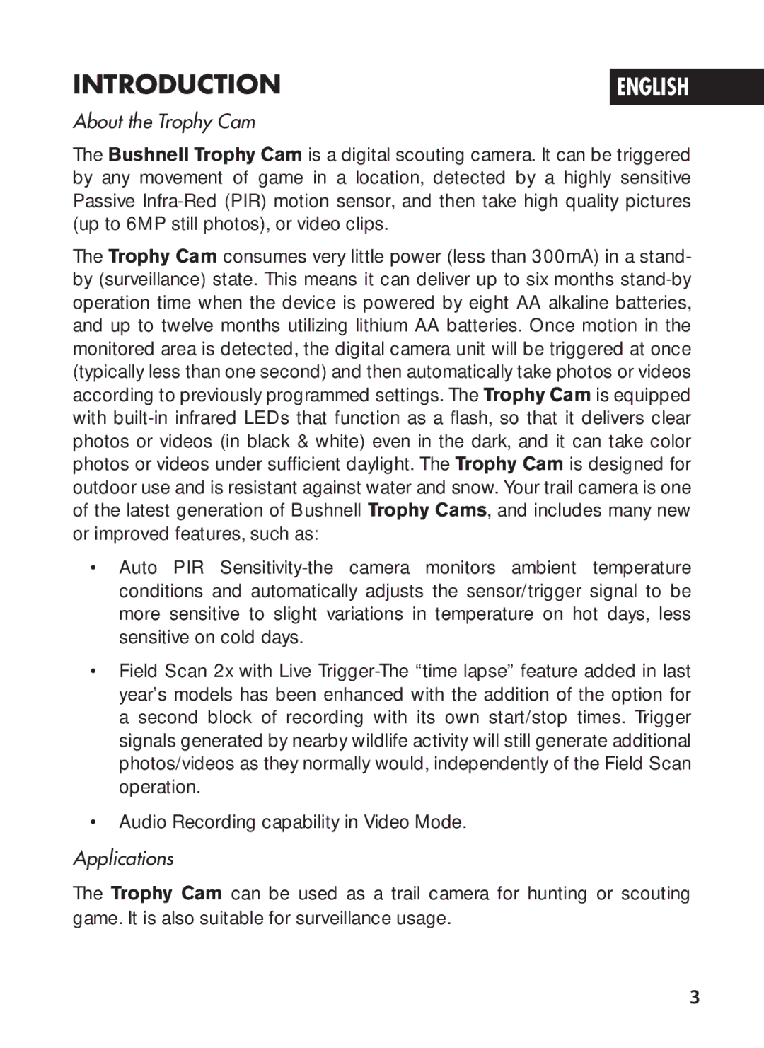 Bushnell 119636C instruction manual Introductionenglish, About the Trophy Cam, Applications 