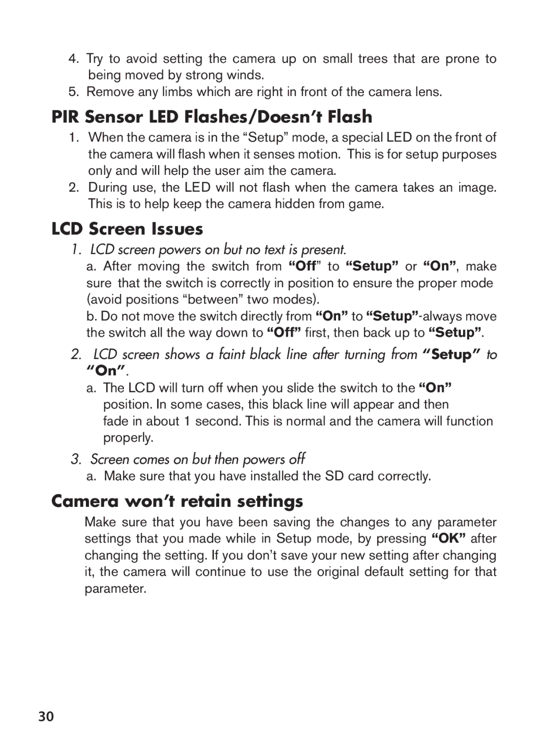 Bushnell 119636C instruction manual PIR Sensor LED Flashes/Doesn’t Flash, LCD Screen Issues, Camera won’t retain settings 