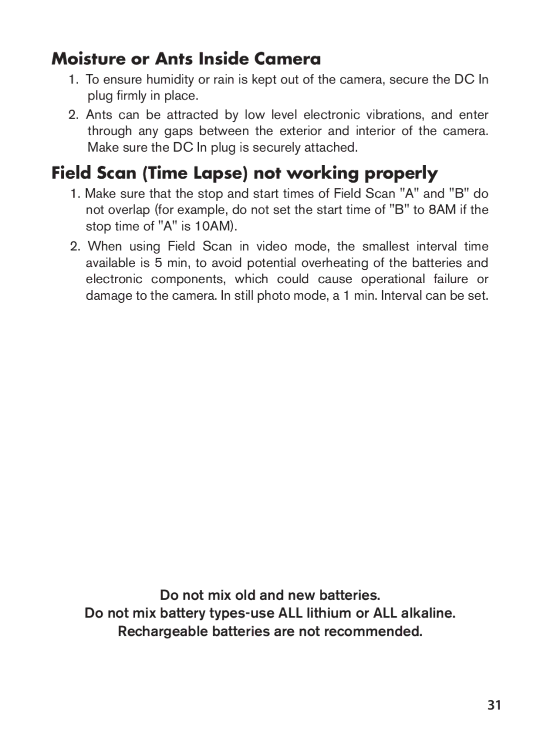 Bushnell 119636C instruction manual Moisture or Ants Inside Camera, Field Scan Time Lapse not working properly 