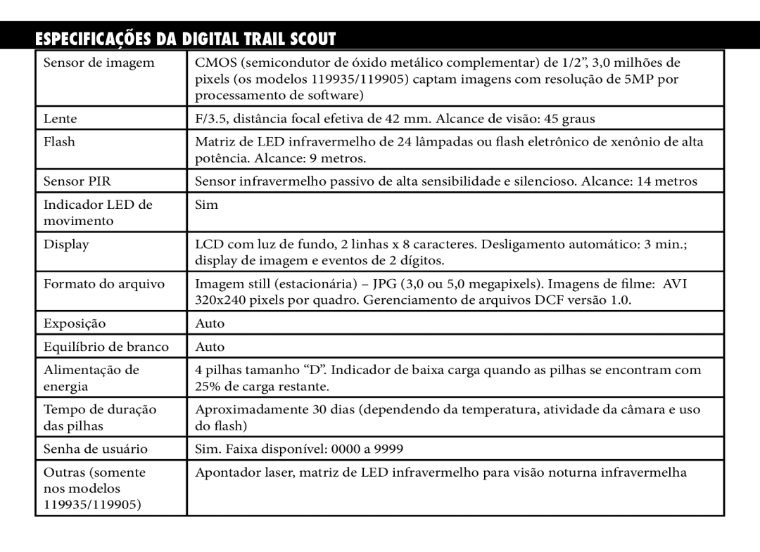 Bushnell 119935, 119833, 119905 manual Especificações da Digital Trail Scout 