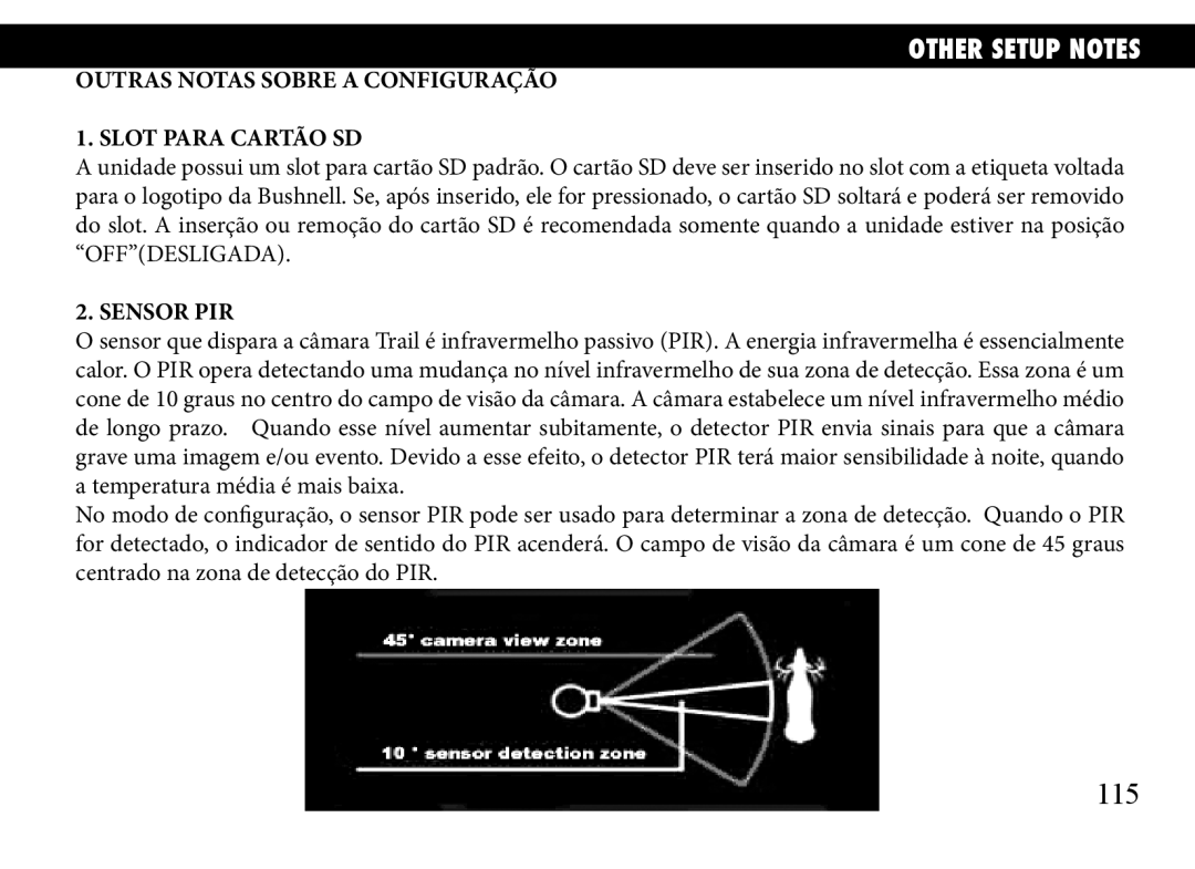 Bushnell 119935, 119833, 119905 manual 115, Outras Notas Sobre a Configuração Slot Para Cartão SD 