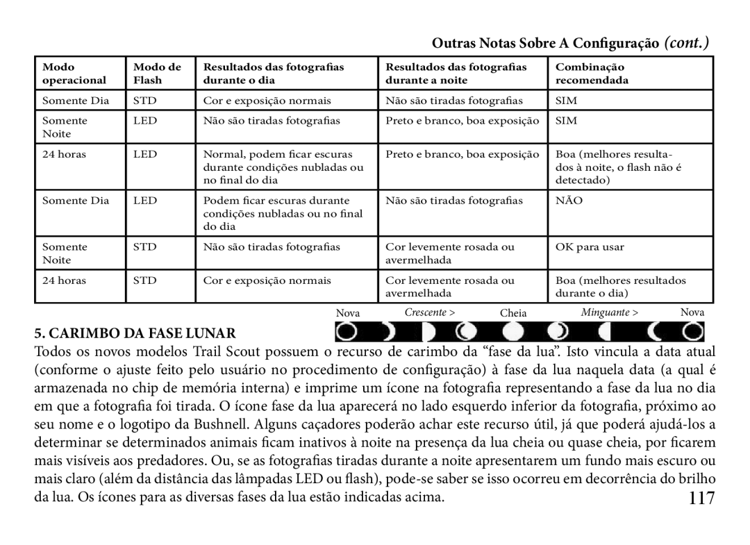 Bushnell 119833, 119935, 119905 manual 117, Outras Notas Sobre a Configuração, Carimbo DA Fase Lunar 