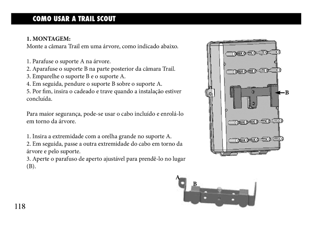 Bushnell 119935, 119833, 119905 manual 118, Como Usar a Trail Scout, Montagem 