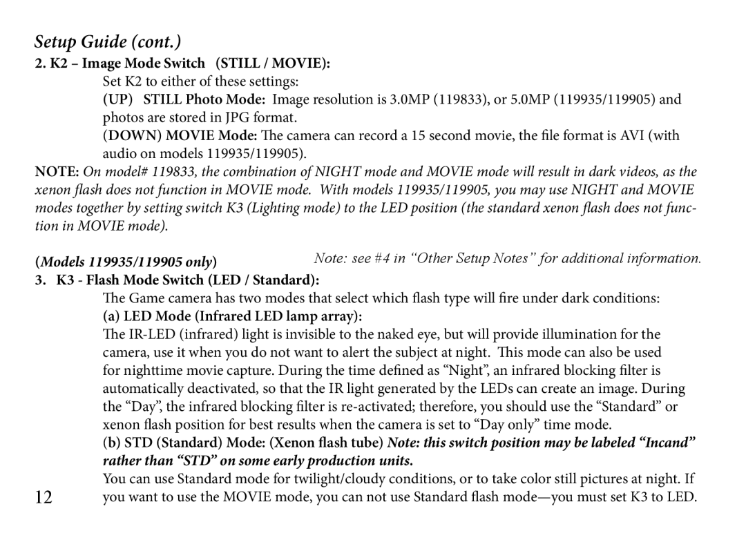 Bushnell 119833, 119935, 119905 manual K3 Flash Mode Switch LED / Standard, LED Mode Infrared LED lamp array 