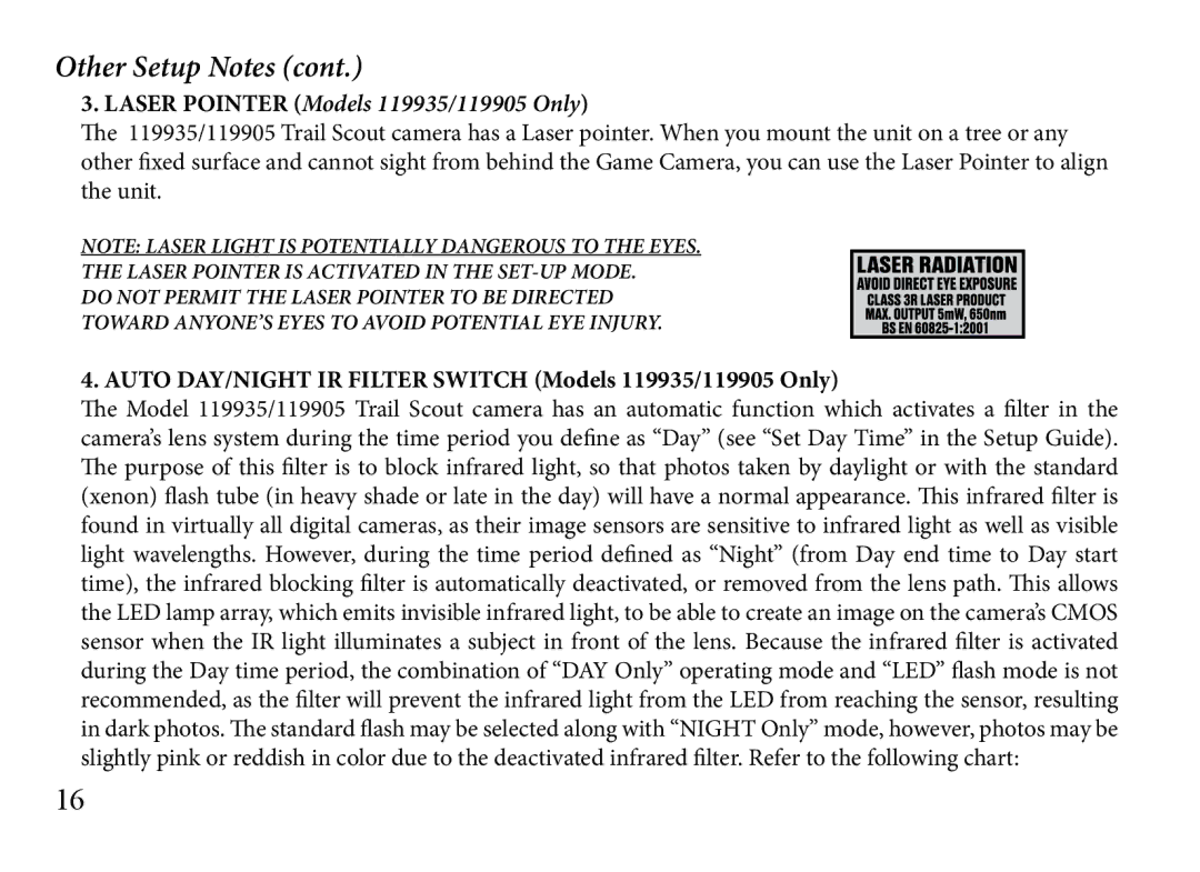 Bushnell 119833 manual Other Setup Notes, Auto DAY/NIGHT IR Filter Switch Models 119935/119905 Only 