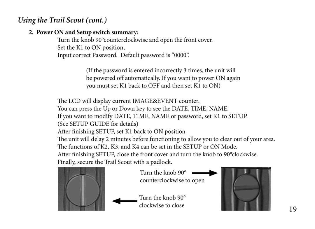 Bushnell 119935, 119833, 119905 manual Using the Trail Scout, Power on and Setup switch summary 