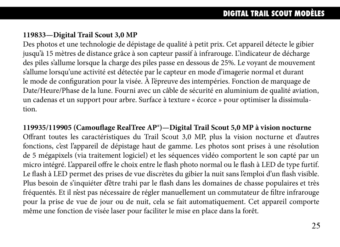 Bushnell 119935, 119833, 119905 manual Digital Trail Scout modèles, Digital Trail Scout 3,0 MP 