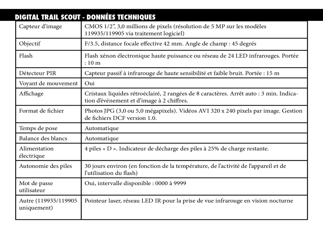 Bushnell 119905, 119833, 119935 manual Digital Trail Scout Données techniques 