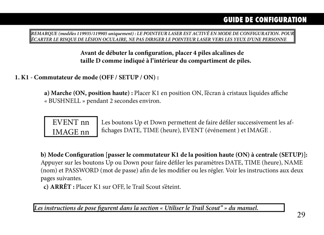 Bushnell 119905, 119833, 119935 manual Guide DE Configuration, K1 Commutateur de mode OFF / Setup / on 